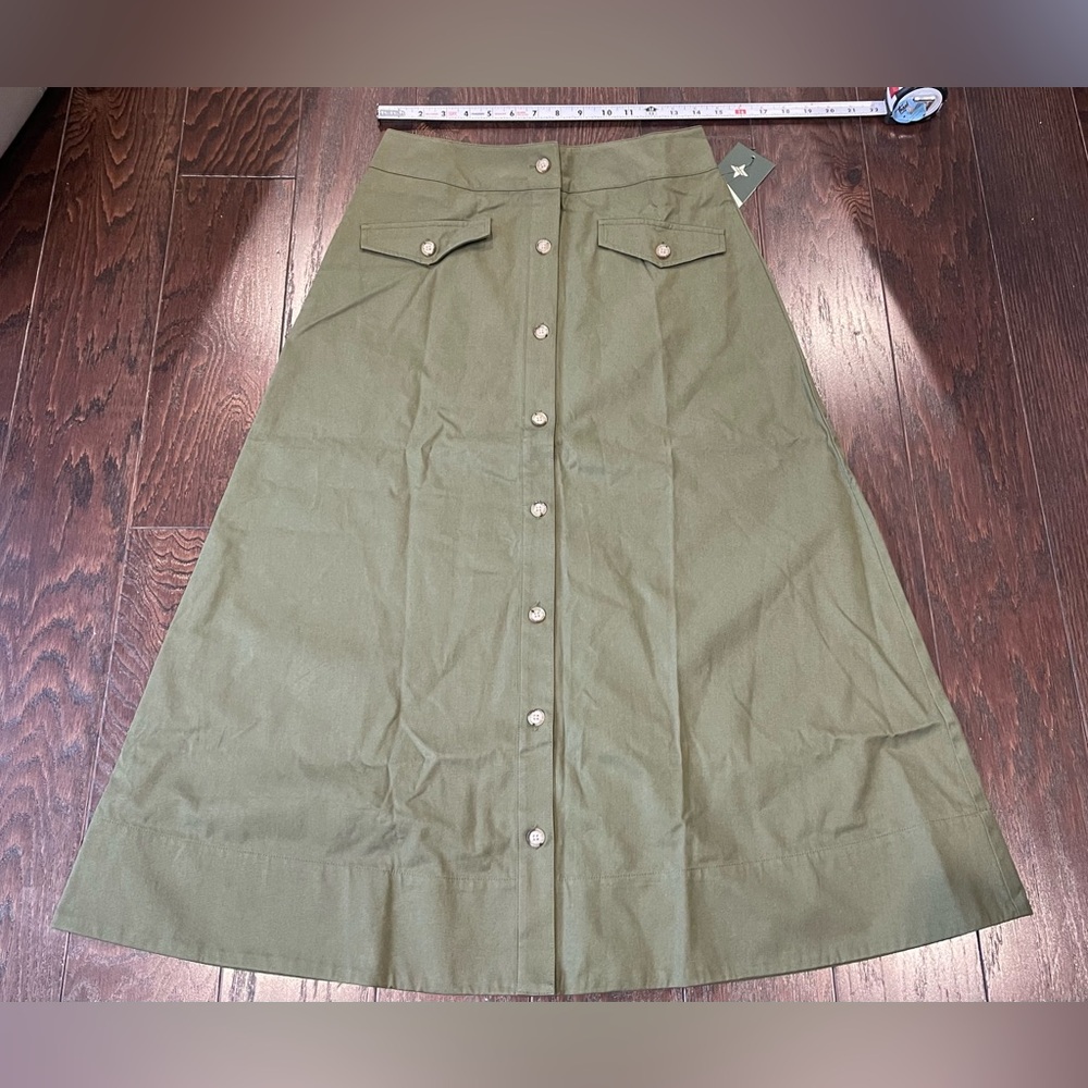 Tuckernuck Women Olive Green Brynn Skirt Button Midi Skirt Size 4 NEW - Picture 2 of 9